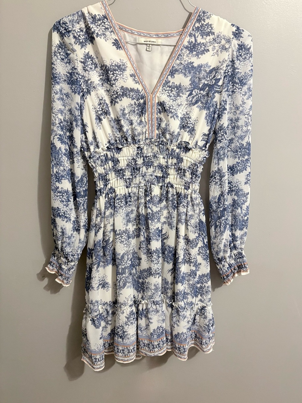 Max Studio Blue Floral Smocked Waist Dress